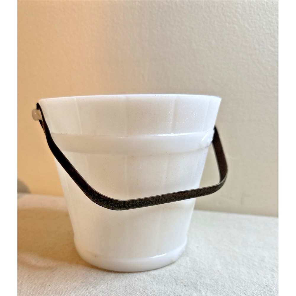 VTG White Milk Glass Bucket Pail Metal Handle Wood Grain Design 5" High